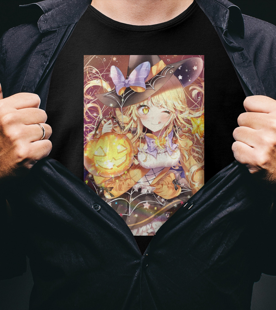 Anime Halloween Witch Girl With Pumpkin Lantern And Stars T-Shirt