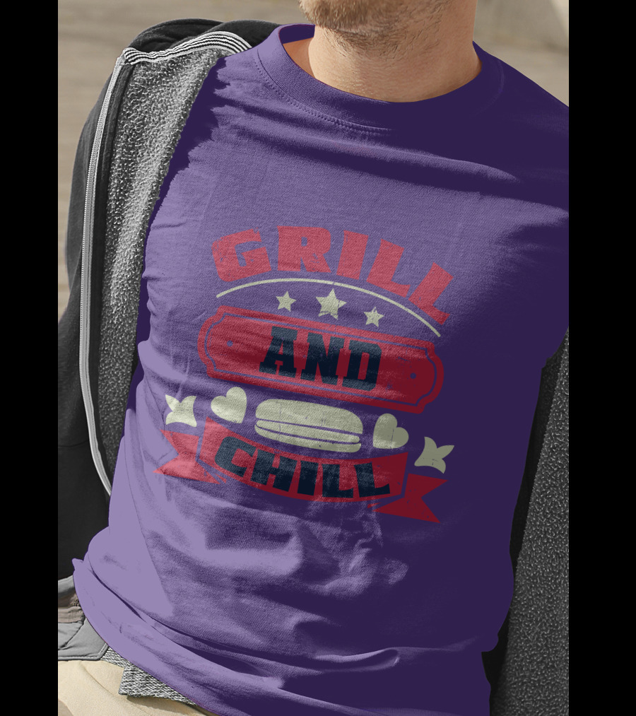 GRILL AND CHILL Stars And Hearts BBQ Burger Banner T-Shirt