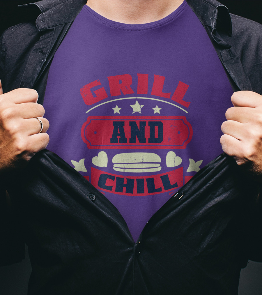 GRILL AND CHILL Stars And Hearts BBQ Burger Banner T-Shirt
