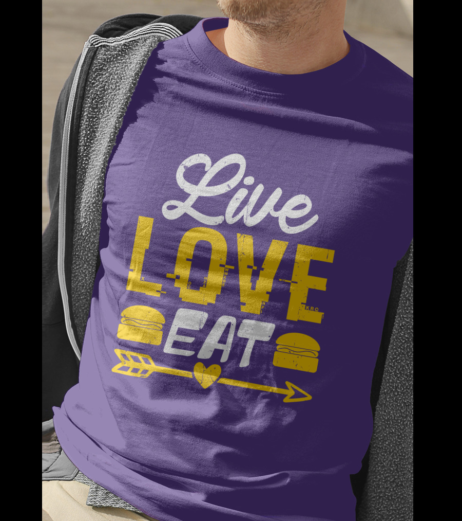 Live Love Eat With Burgers And Heart Arrow On Red T-Shirt