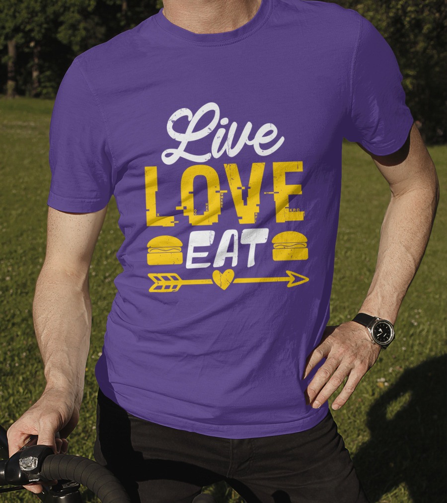 Live Love Eat With Burgers And Heart Arrow On Red T-Shirt