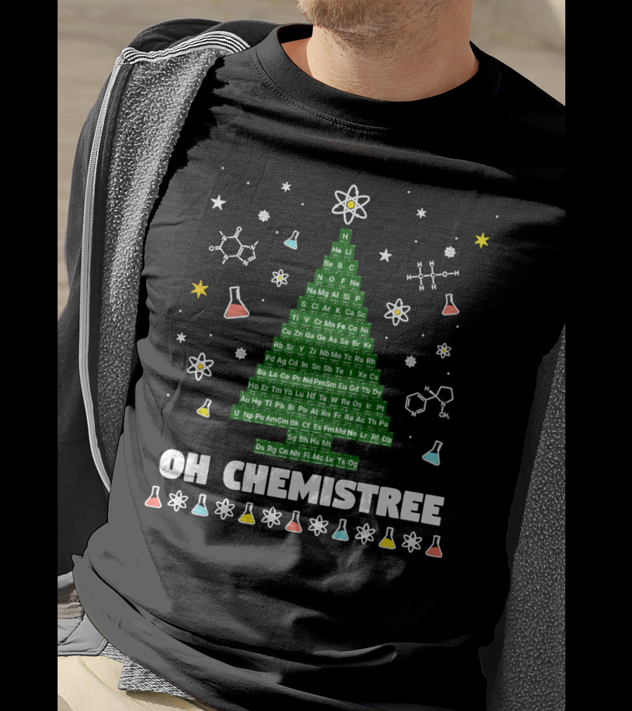 Oh Chemistree Periodic Table Christmas Tree With Beakers And Molecules T-Shirt