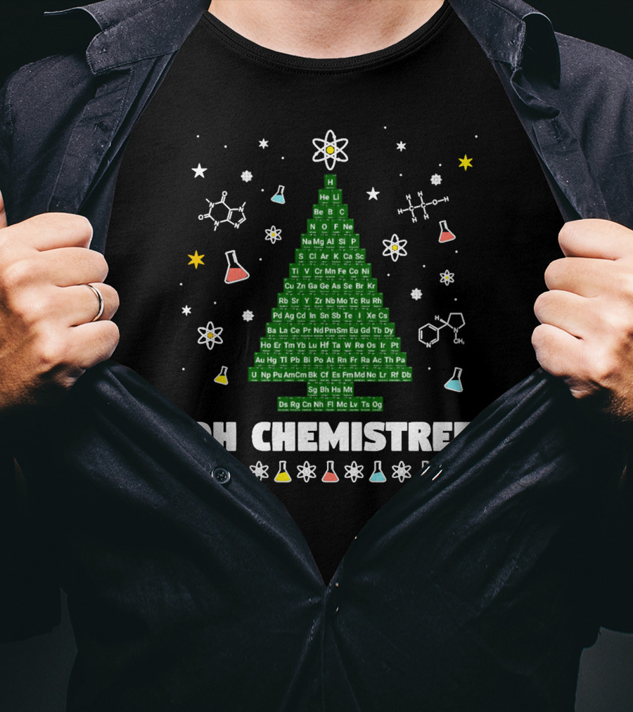 Oh Chemistree Periodic Table Christmas Tree With Beakers And Molecules T-Shirt