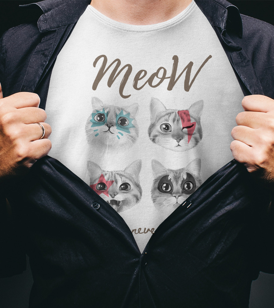 Meow Rock Never Dies With Cute Cats Face T-Shirt
