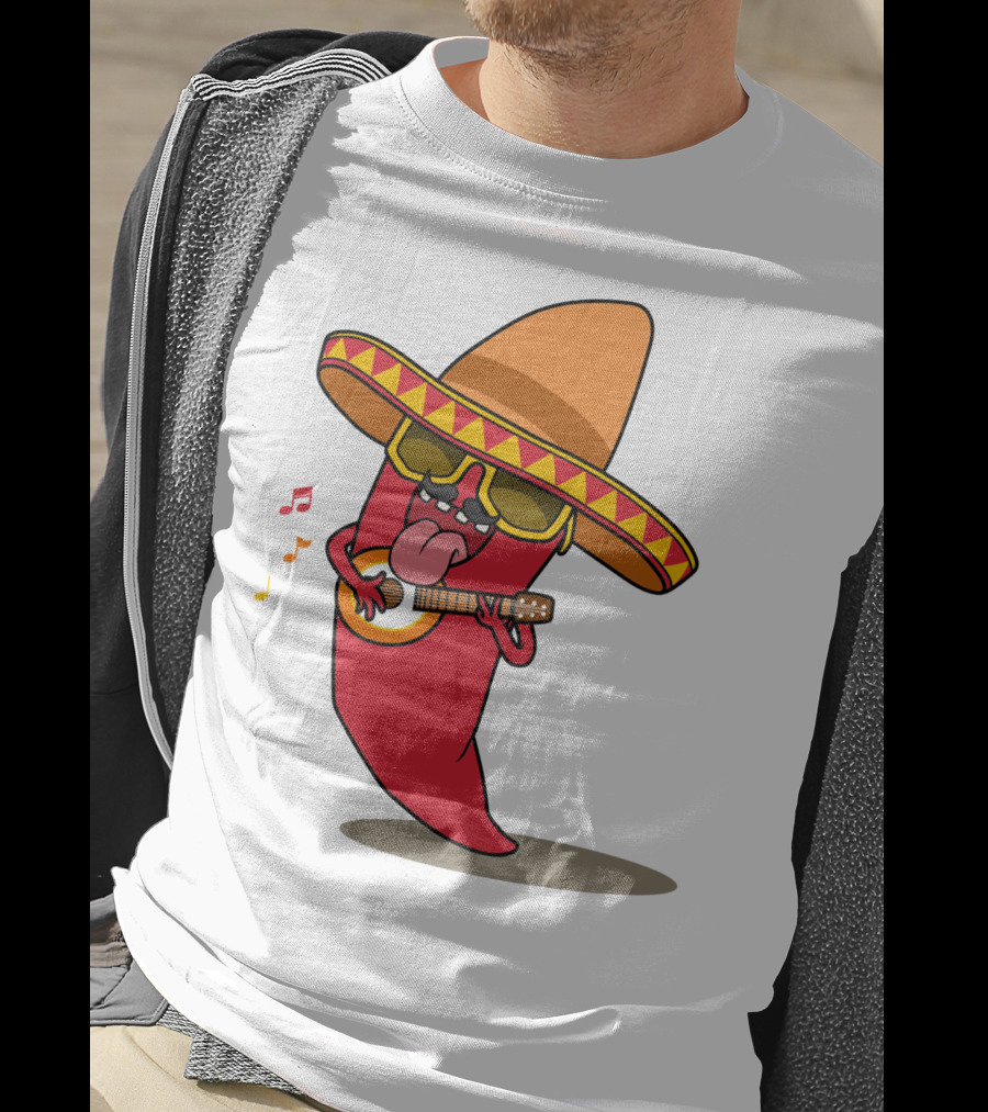 Mexican Chili Pepper Playing Guitar In Sombrero T-Shirt