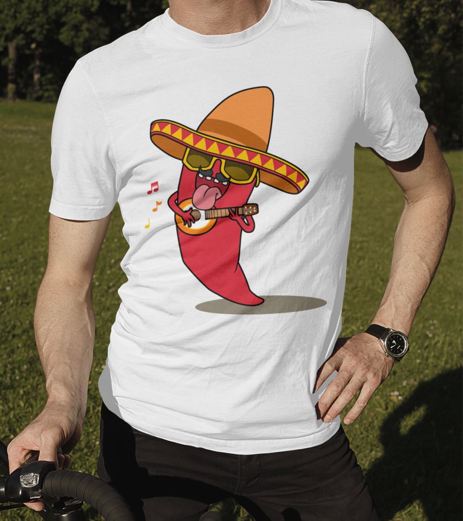 Mexican Chili Pepper Playing Guitar In Sombrero T-Shirt