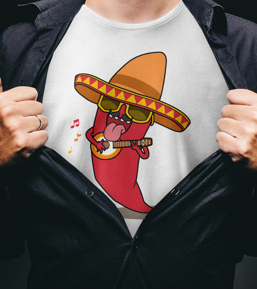 Mexican Chili Pepper Playing Guitar In Sombrero T-Shirt
