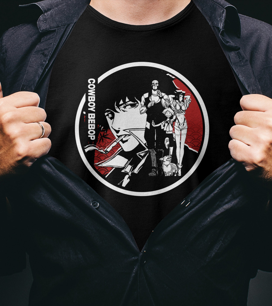 COWBOY BEBOP Spike Jet Faye Ed Ein Anime Group Black Red Circle T-Shirt