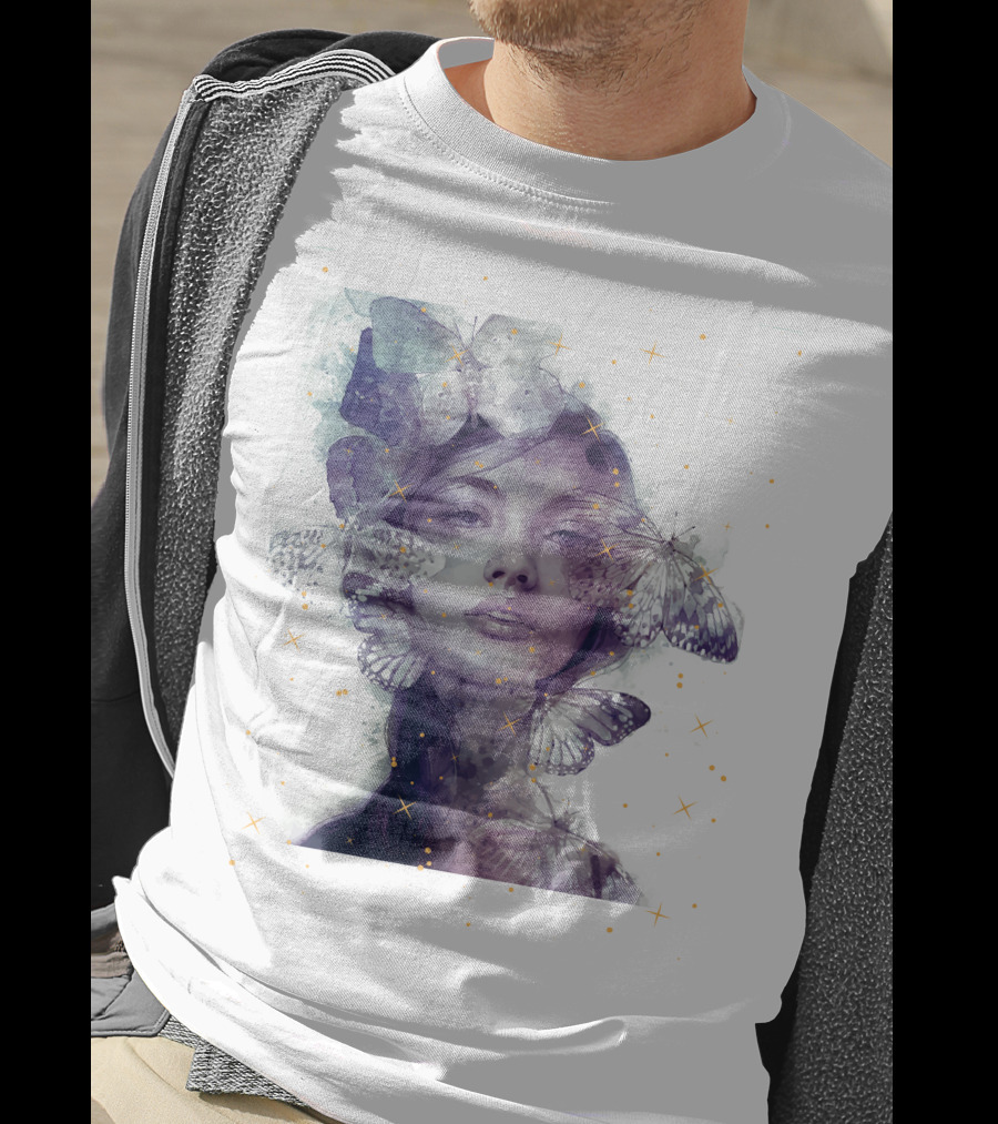 Butterfly And Girl Dreamy Watercolor Portrait With Stars T-Shirt