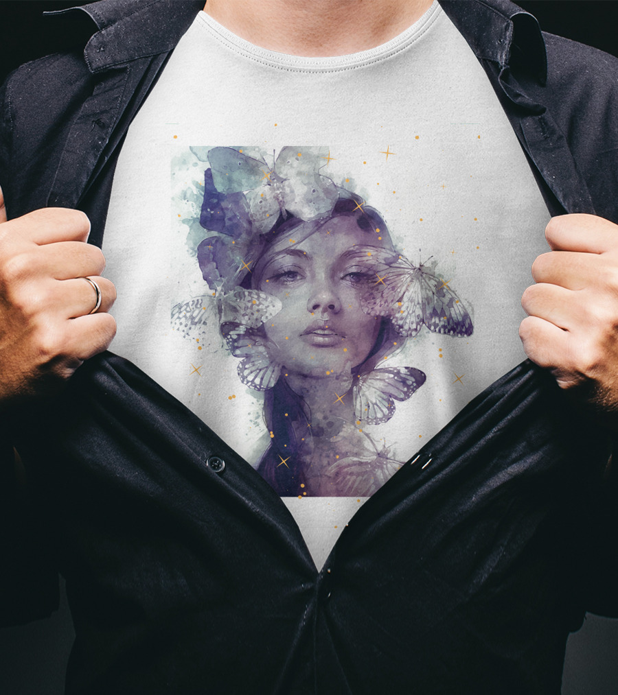Butterfly And Girl Dreamy Watercolor Portrait With Stars T-Shirt