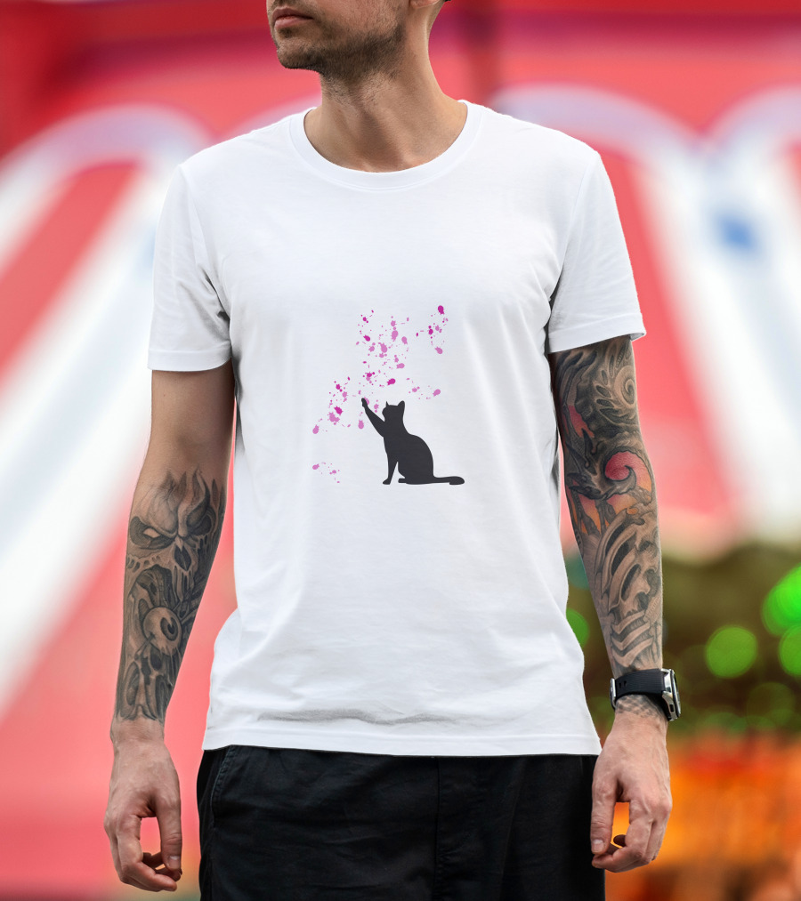 Cat and Pink Splatter Blooms T-Shirt
