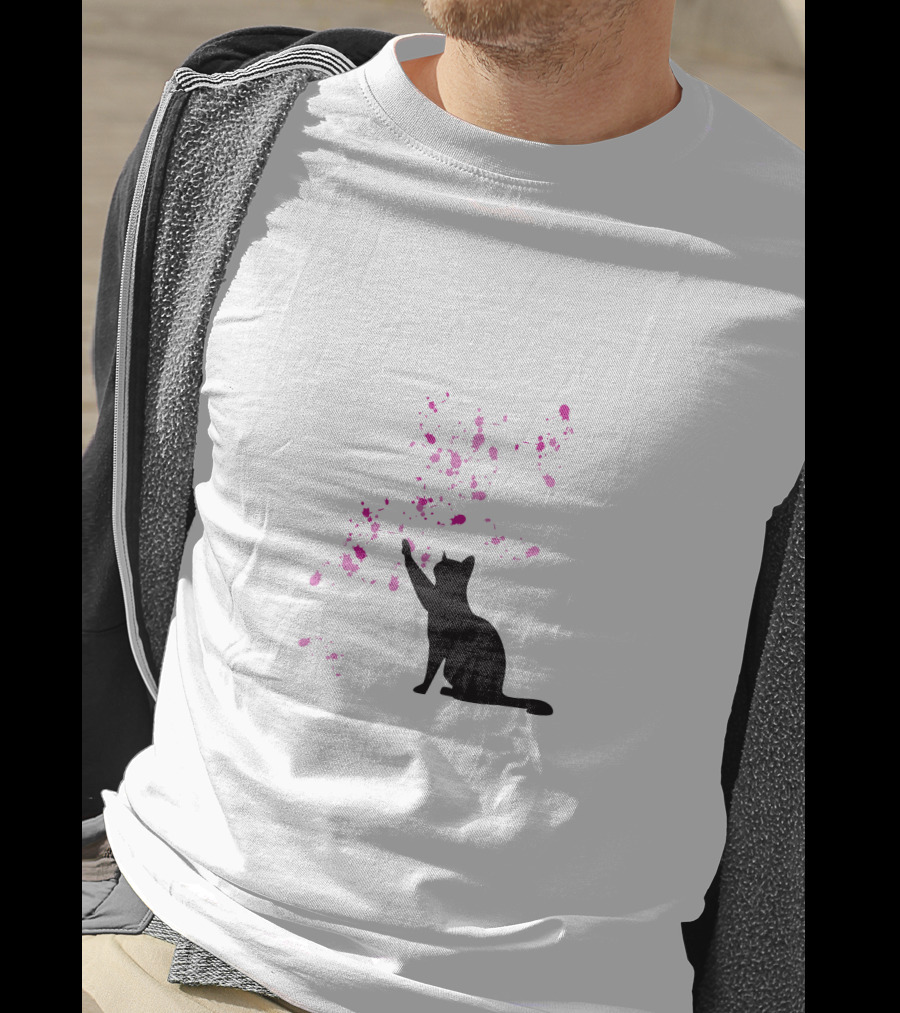 Cat And Pink Splatter Blooms T-Shirt