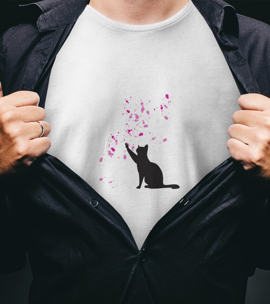 Cat And Pink Splatter Blooms T-Shirt