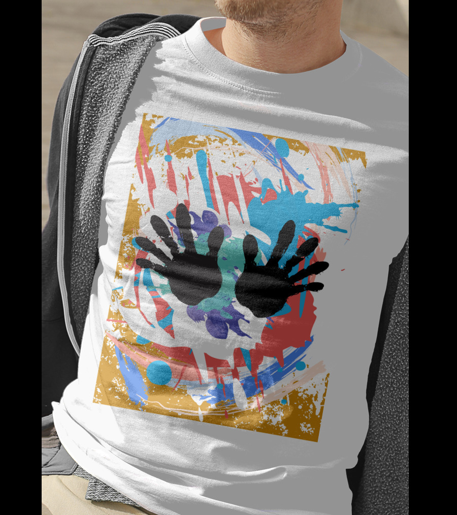 Colorful Splash With Black Handprints T-Shirt