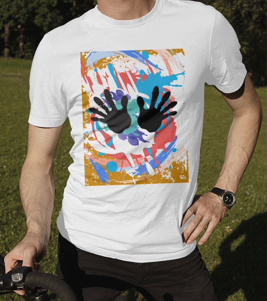 Colorful Splash With Black Handprints T-Shirt