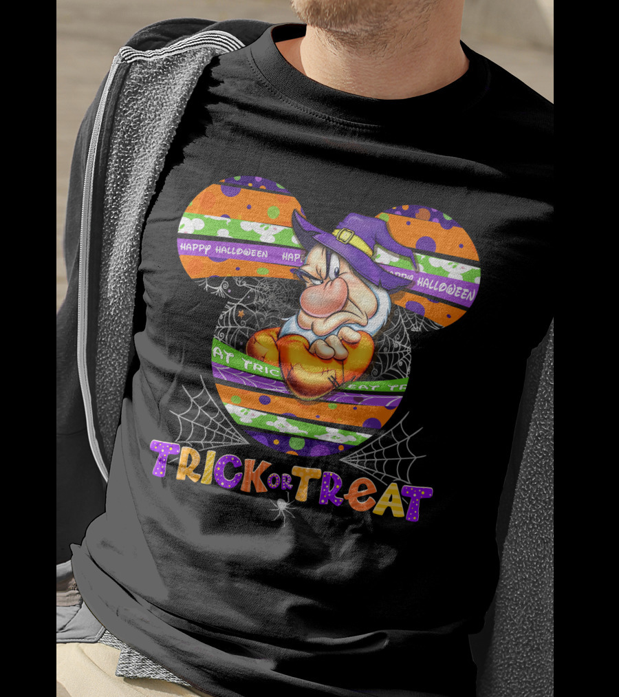 Grumpy Trick Or Treat Halloween Mickey Ears Wizard Hat Spider Webs T-Shirt