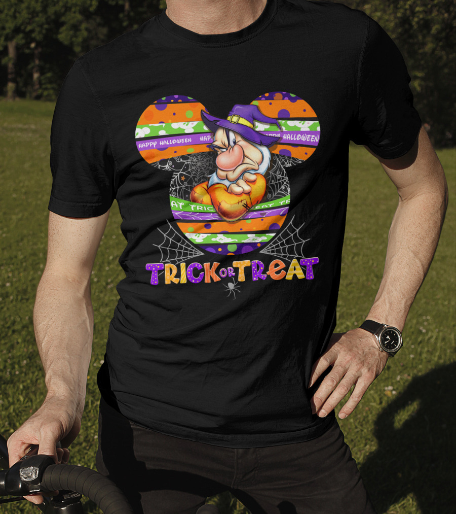 Grumpy Trick Or Treat Halloween Mickey Ears Wizard Hat Spider Webs T-Shirt