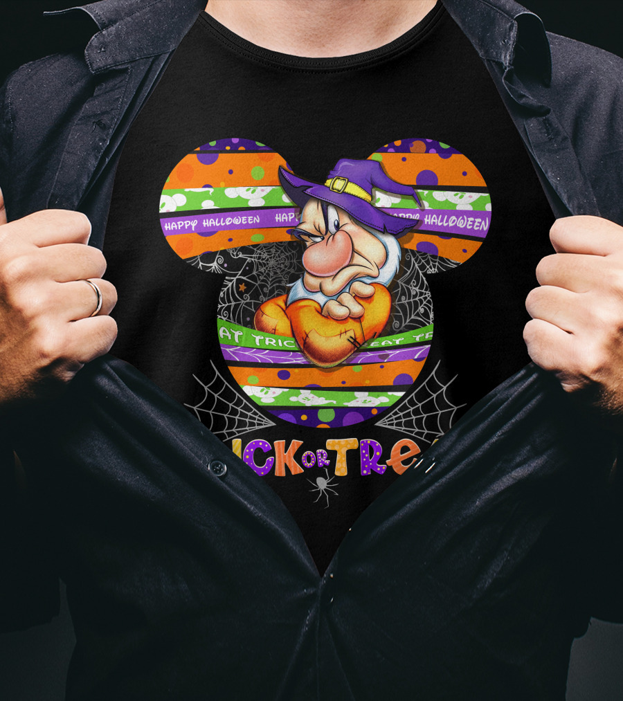Grumpy Trick Or Treat Halloween Mickey Ears Wizard Hat Spider Webs T-Shirt