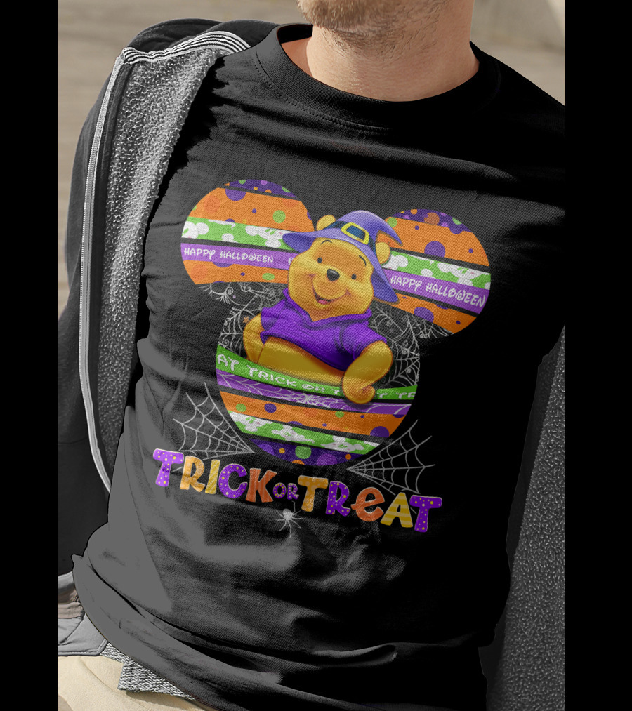 Happy Halloween Trick Or Treat Pooh Witch Hat Spiderwebs T-Shirt
