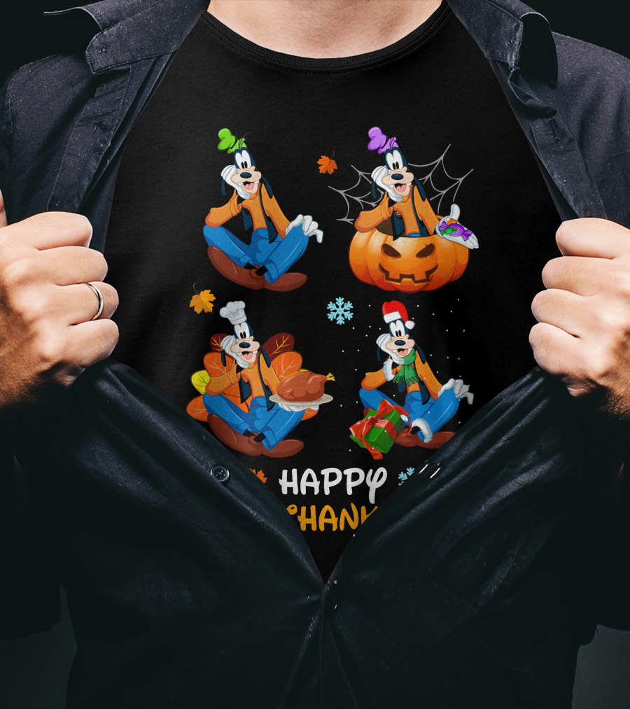 Happy Hallothanksmas Goofy Pumpkin Turkey Gift Leaves Snowflakes T-Shirt
