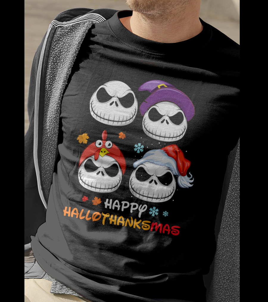 Happy Hallothanksmas Jack Faces With Witch Turkey Santa Hats T-Shirt