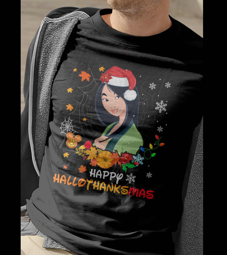 Happy Hallothanksmas Mulan Snowflakes Santa Hat Leaves T-Shirt