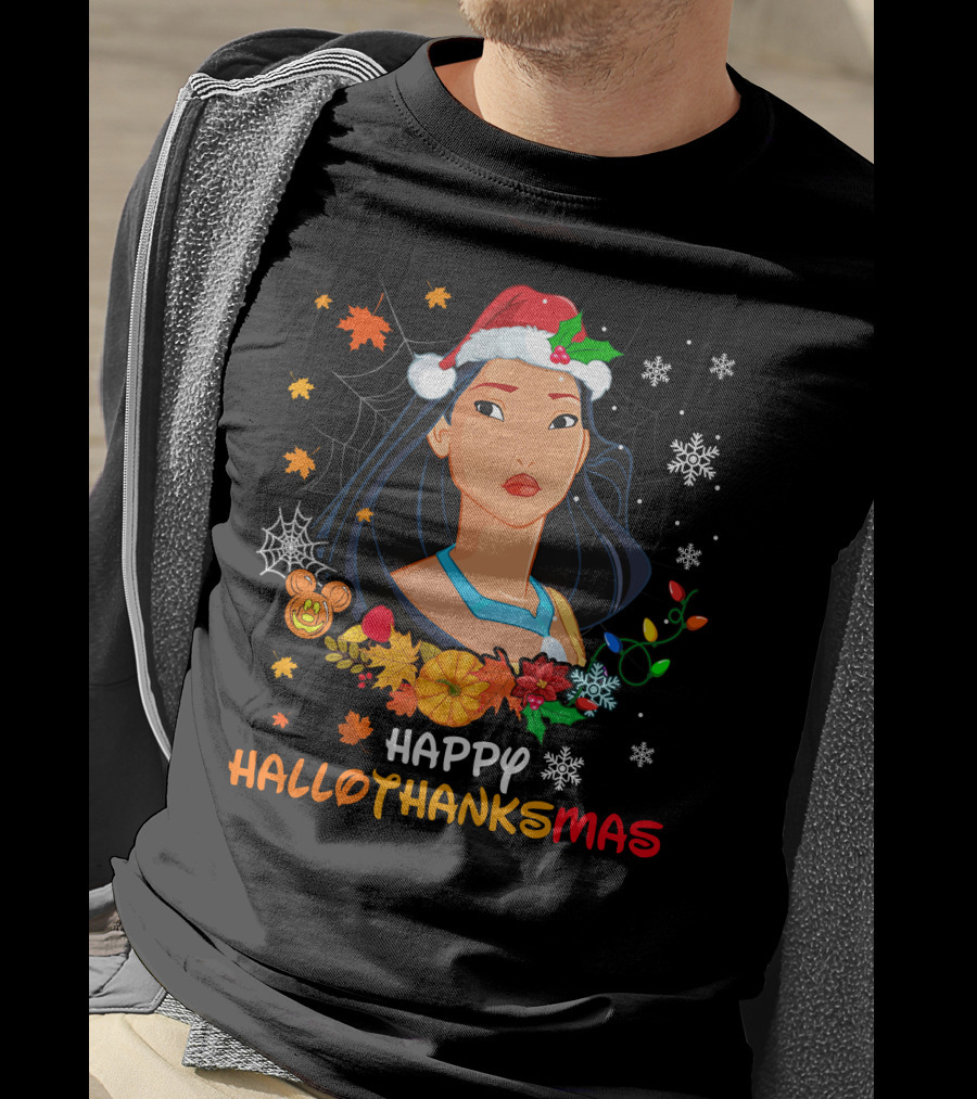 Happy Hallothanksmas Pocahontas Santa Hat Pumpkin Leaves Snowflakes T-Shirt
