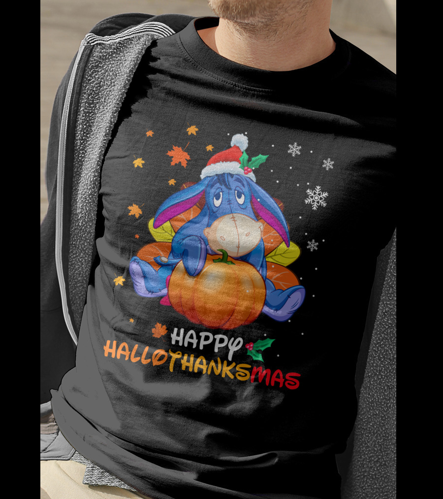 Happy Hallowthanksmas Eeyore Pumpkin Santa Hat Snowflakes Leaves Holiday T-Shirt
