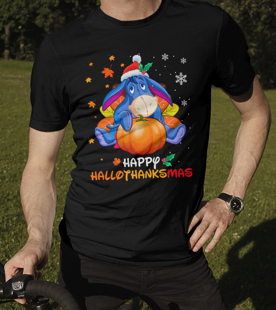 Happy Hallowthanksmas Eeyore Pumpkin Santa Hat Snowflakes Leaves Holiday T-Shirt