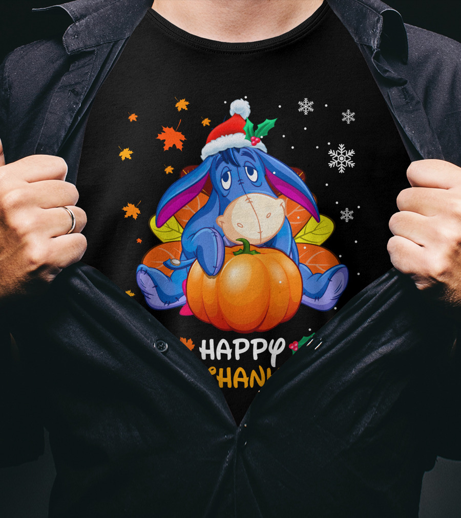 Happy Hallowthanksmas Eeyore Pumpkin Santa Hat Snowflakes Leaves Holiday T-Shirt