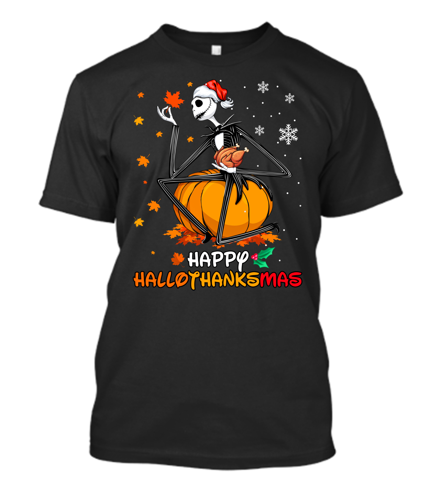 Happy Hallowthanksmas Jack Skellington Pumpkin Turkey Snowflakes T-Shirt