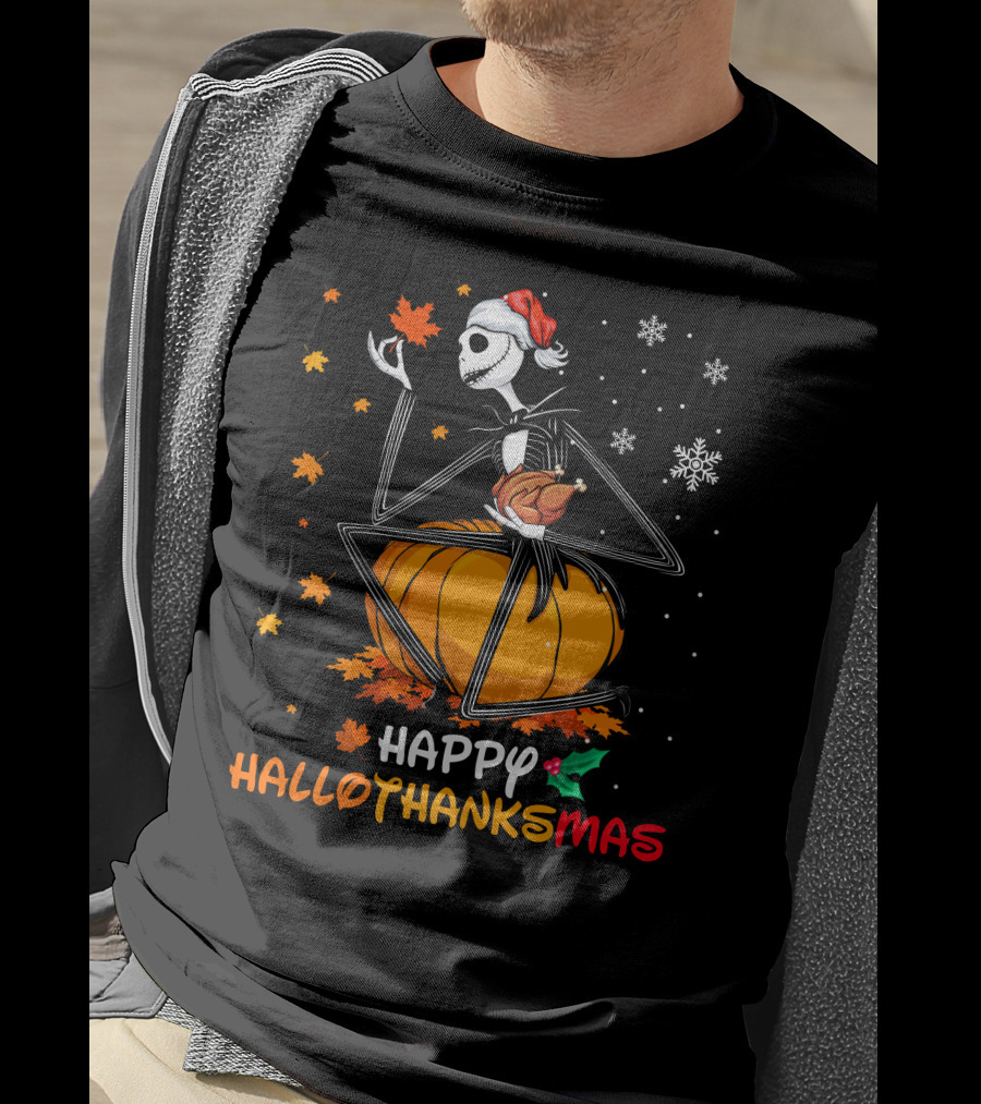 Happy Hallowthanksmas Jack Skellington Pumpkin Turkey Snowflakes T-Shirt
