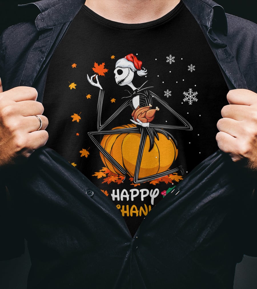 Happy Hallowthanksmas Jack Skellington Pumpkin Turkey Snowflakes T-Shirt