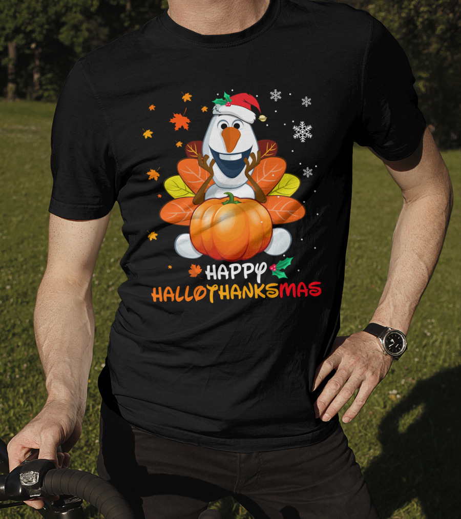Happy Hallothanksmas Olaf Pumpkin Snowman Santa Hat Snowflakes T-Shirt