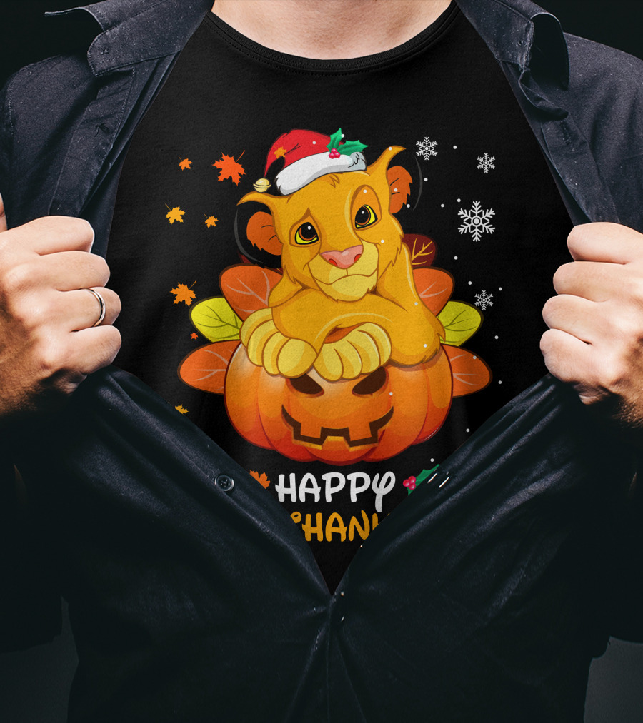 Happy Hallothanksmas Simba Pumpkin Santa Hat Snowflakes T-Shirt