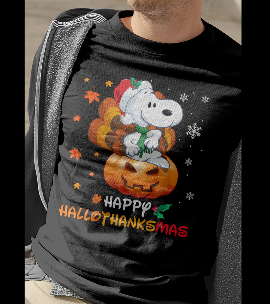 Snoopy Happy Hallothanksmas Pumpkin Snowflakes Santa Hat Scarf T-Shirt