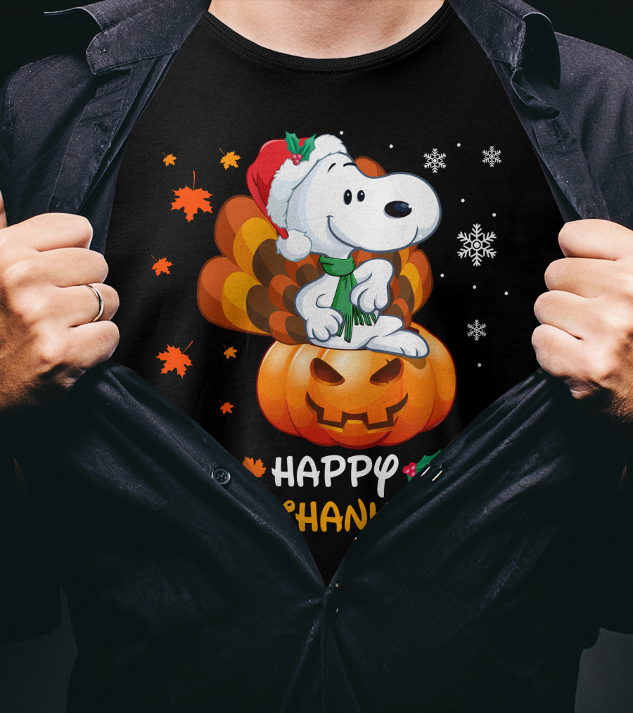 Snoopy Happy Hallothanksmas Pumpkin Snowflakes Santa Hat Scarf T-Shirt