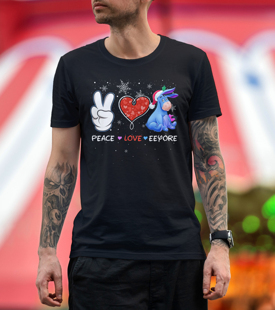 Peace Love Eeyore Santa Hat Winter Snowflakes T-Shirt