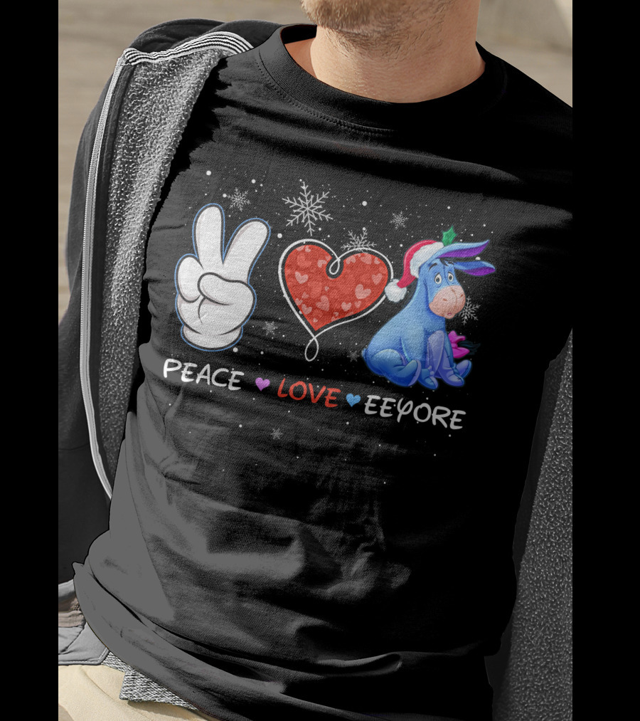 Peace Love Eeyore Santa Hat Winter Snowflakes T-Shirt