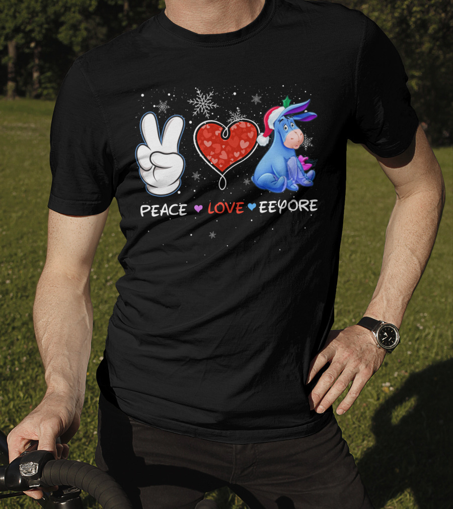 Peace Love Eeyore Santa Hat Winter Snowflakes T-Shirt