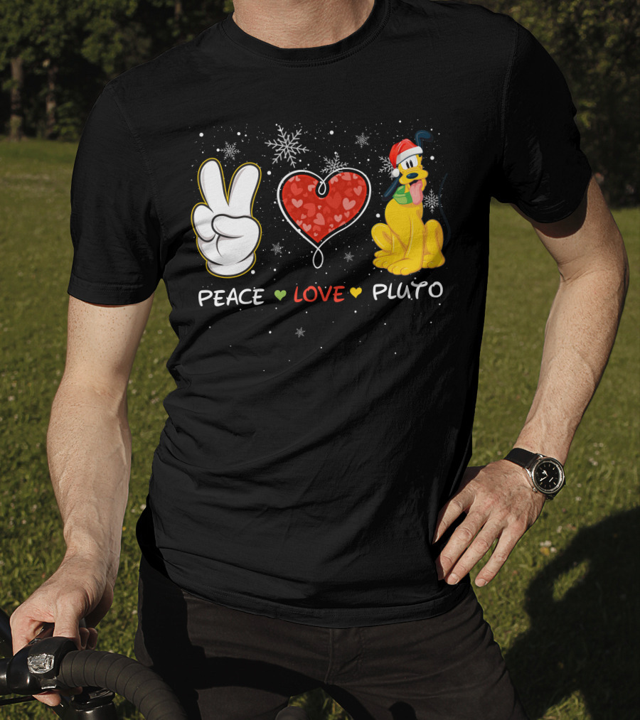 Peace Love Pluto Christmas Santa Hat Snowflakes T-Shirt
