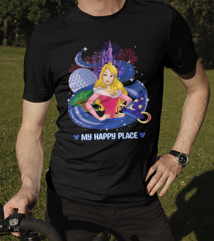 My Happy Place Aurora Disney Princess Epcot Castle Fireworks Sorcerer Hat T-Shirt