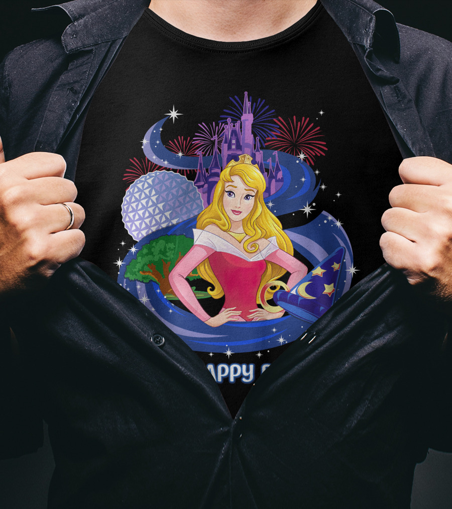 My Happy Place Aurora Disney Princess Epcot Castle Fireworks Sorcerer Hat T-Shirt
