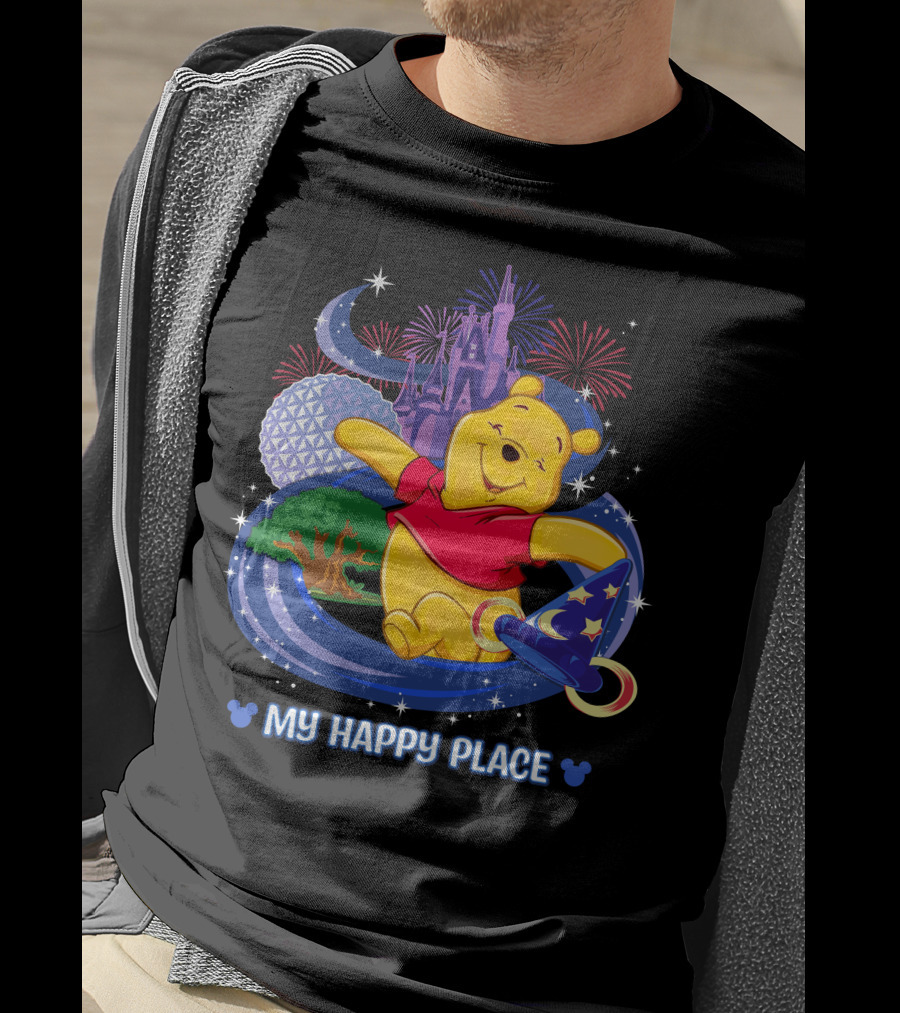 Pooh My Happy Place Disney Fireworks Castle Epcot Sorcerer's Hat T-Shirt