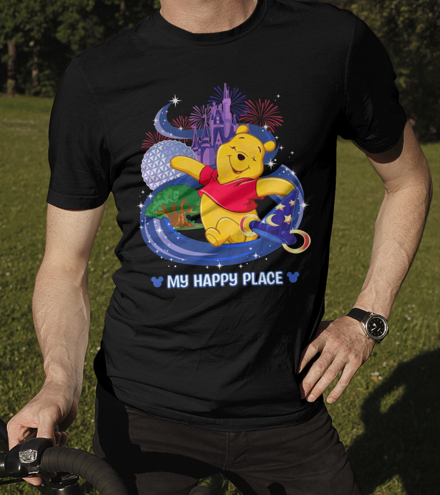Pooh My Happy Place Disney Fireworks Castle Epcot Sorcerer's Hat T-Shirt