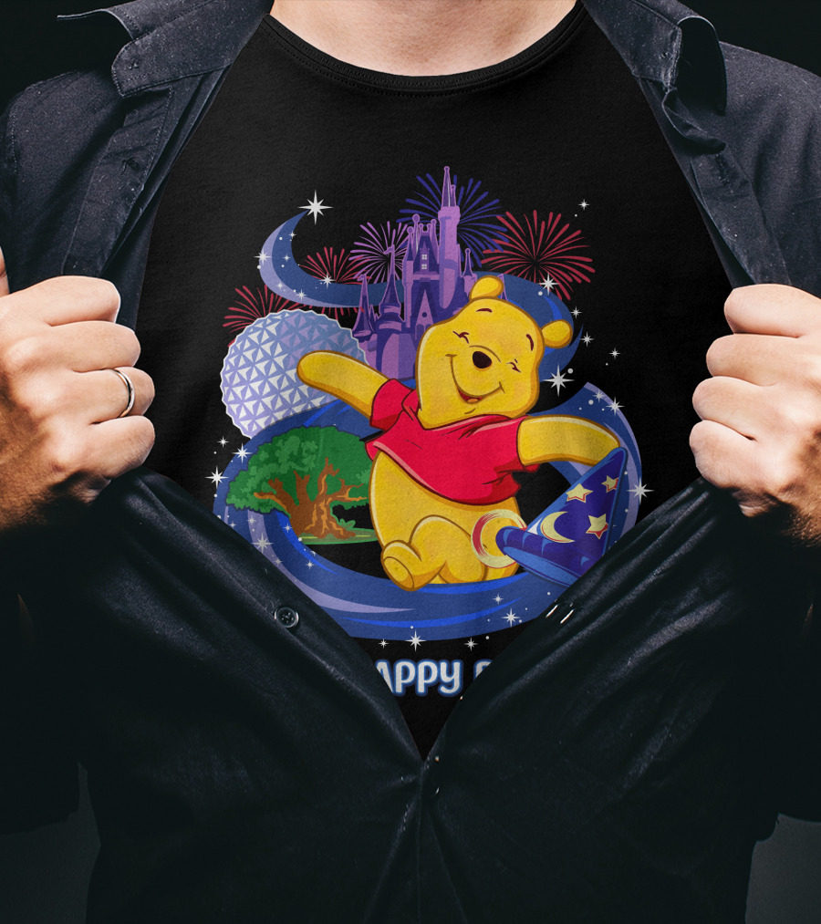 Pooh My Happy Place Disney Fireworks Castle Epcot Sorcerer's Hat T-Shirt