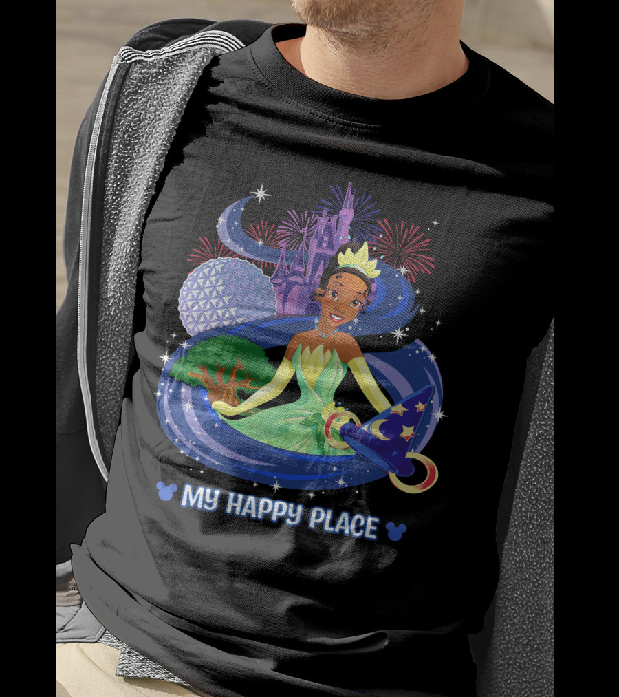 Tiana My Happy Place Disney Parks Epcot Fireworks Castle Sorcerer Hat T-Shirt
