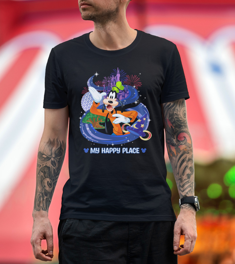 Goofy My Happy Place Disney Fireworks Epcot Sorcerer Mickey's Hat T-Shirt