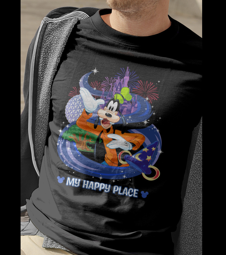 Goofy My Happy Place Disney Fireworks Epcot Sorcerer Mickey's Hat T-Shirt