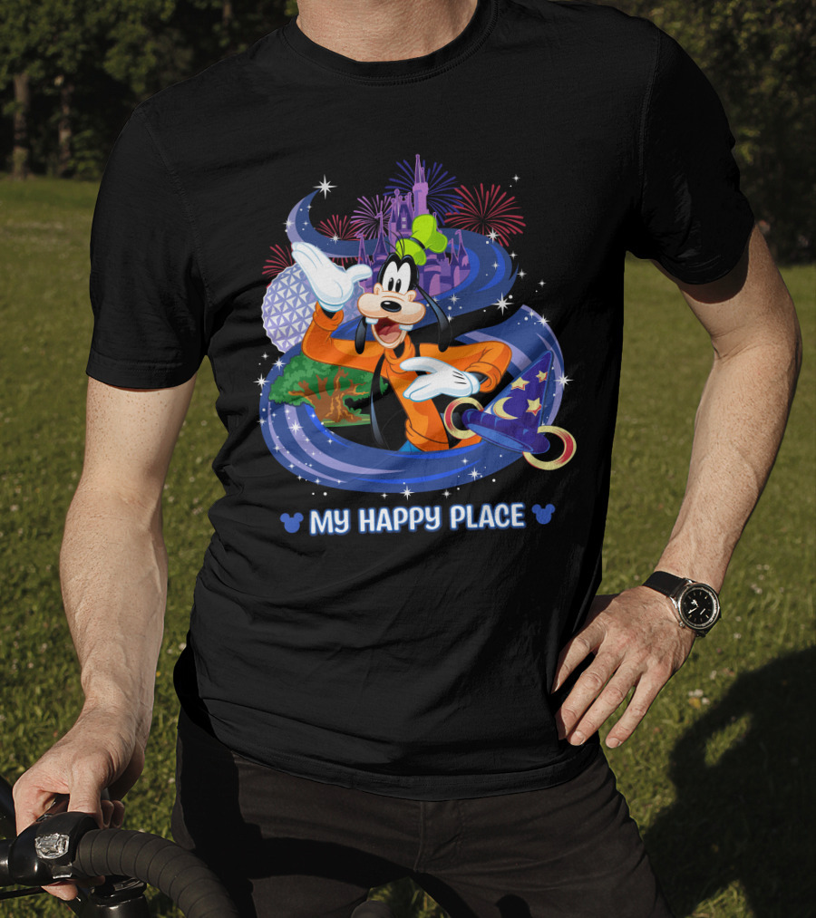 Goofy My Happy Place Disney Fireworks Epcot Sorcerer Mickey's Hat T-Shirt